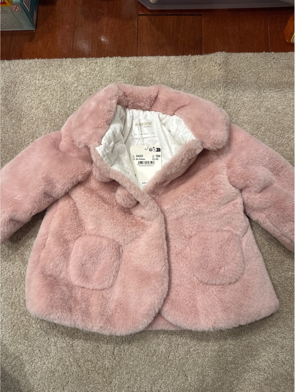 (3)Mayoral Newborn Pink Faux Fur Baby Coat 12M